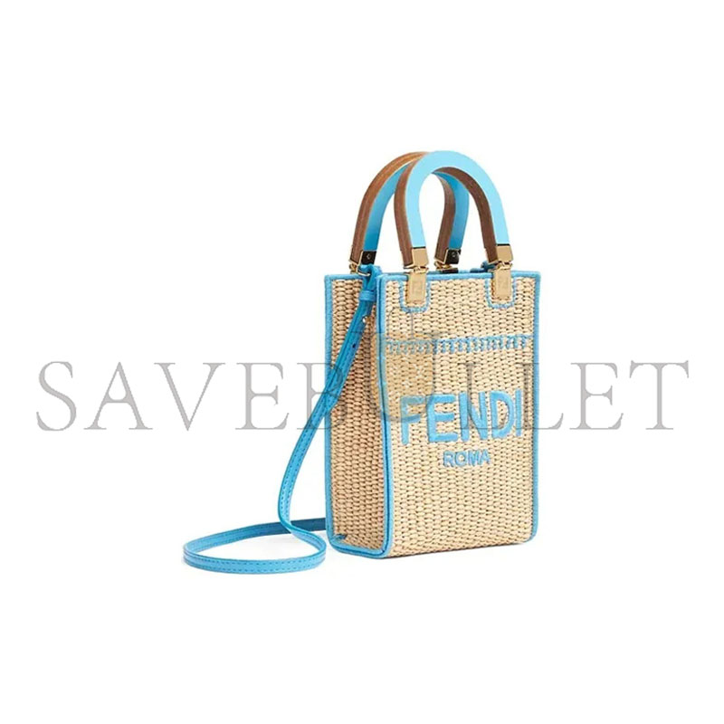 FENDI SUNSHINE MINI STRAW & LEATHER TOTE 8BS051AFQPF1ELX (18*13*6cm)